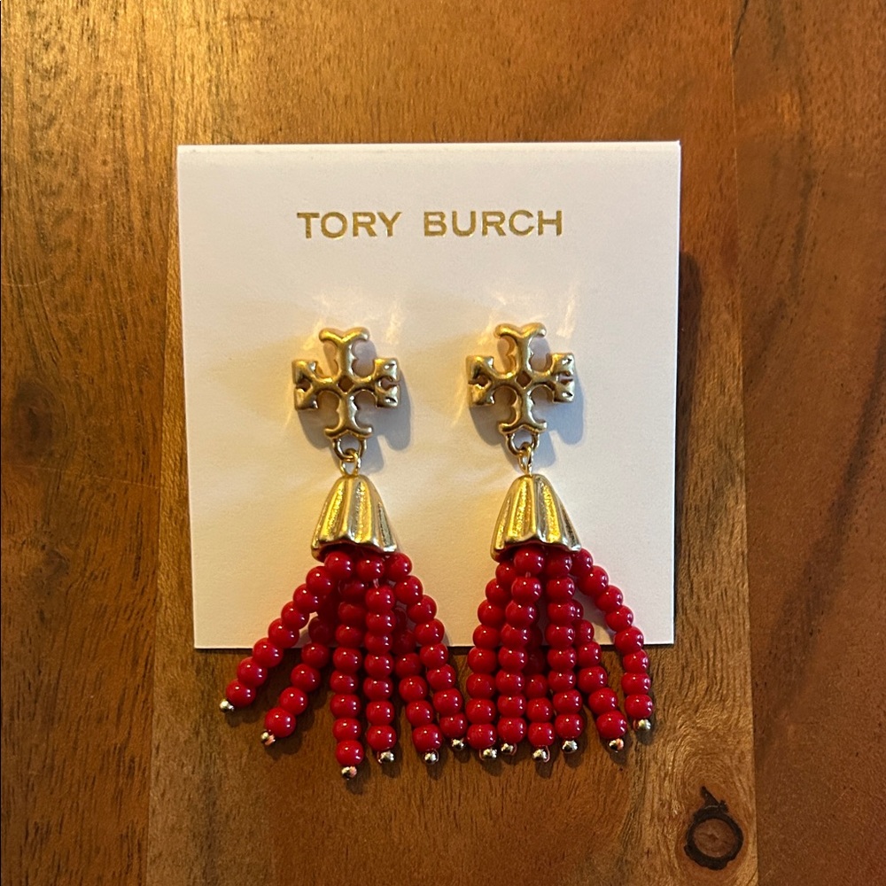 Tory Burch Gold and Red Beaded Earrings